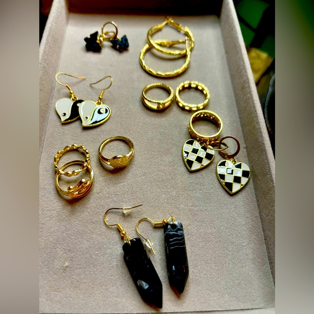 New 5 Sets of Gold color Earrings and 6 Gold Color Rings.  Sizes 5.5-7